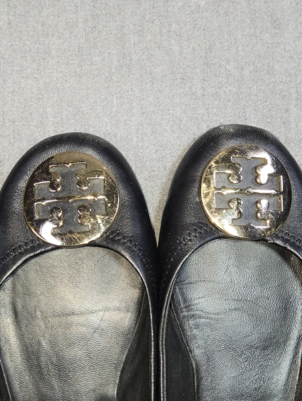 ​Tory Burch Reva Ballet Flats Black Leather With Gold Medallion Logo